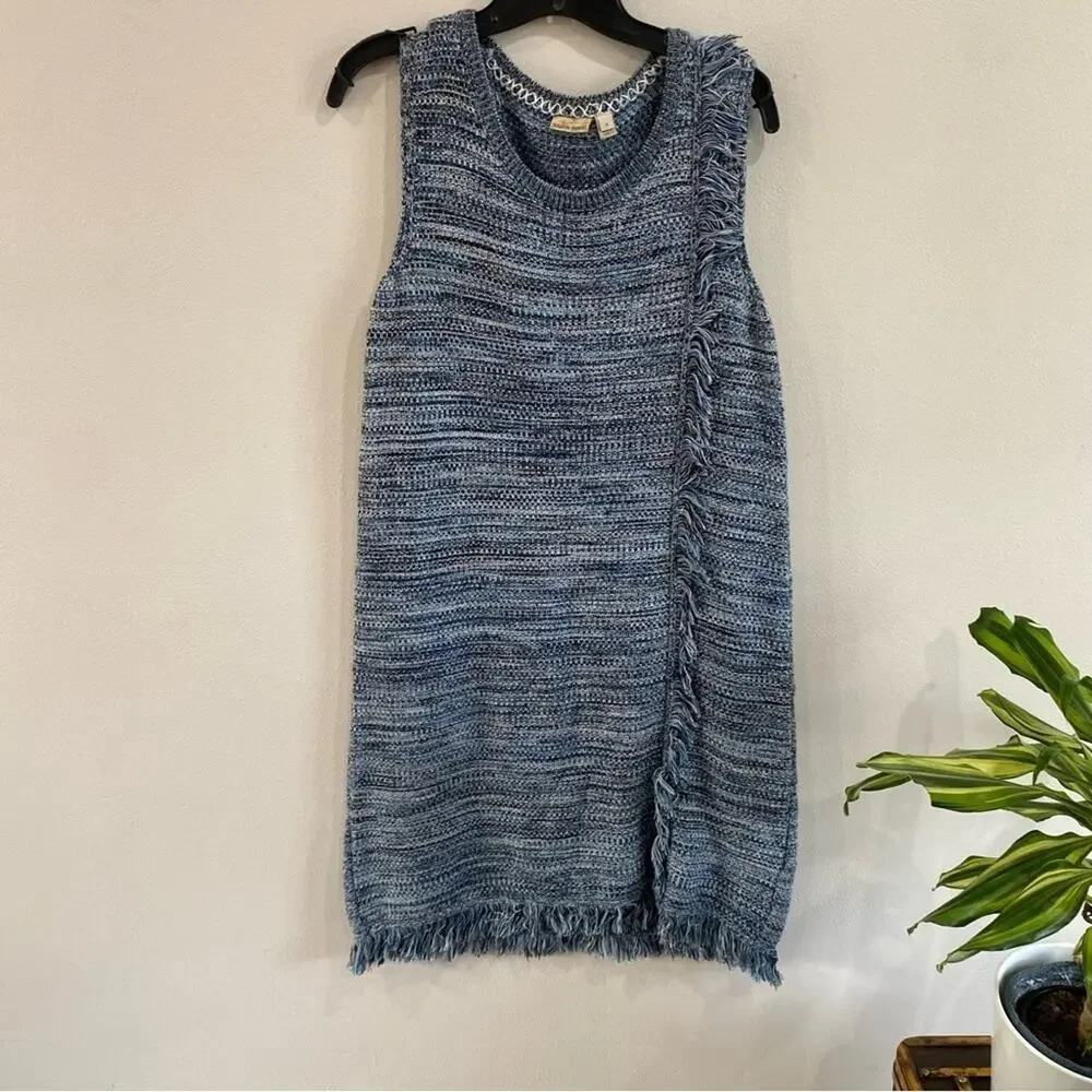 Anthro Holding Horses Fringe Sweater Dress Blue‎ Sleeveless Knit Size M